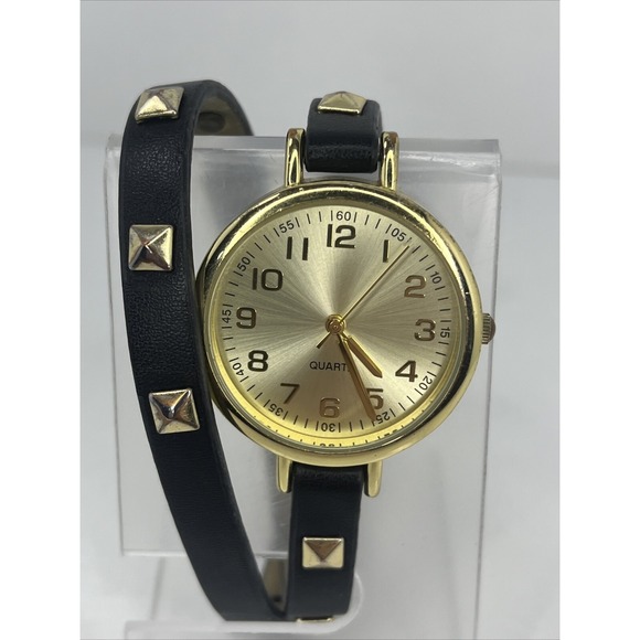 The Unbranded Brand Accessories - Women's Wrap Watch Black‎ Band with Gold Studs Gold Tone Case- New Battery